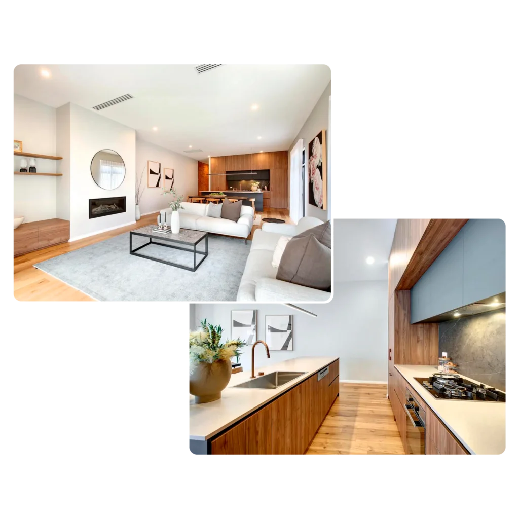 Two images showing modern home interiors: one of a living room with a grey sofa, wall-mounted TV, and fireplace; the other of a kitchen with wooden cabinetry, white countertops, and stainless steel appliances. These spaces only require regular clean to maintain their pristine condition.