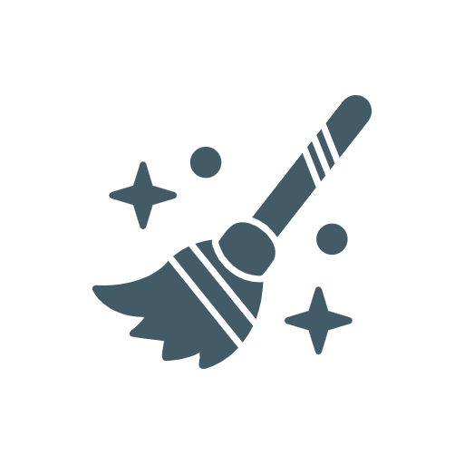 Icon of a broom with sparkles around it, indicating house cleaning or sweeping. The icon is gray on a white circular background.