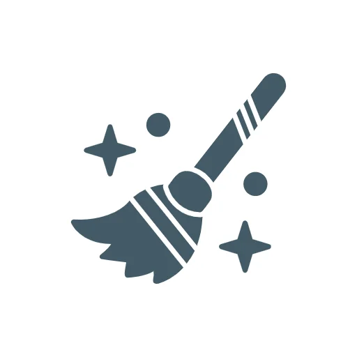 Icon of a broom with sparkles around it, indicating house cleaning or sweeping. The icon is gray on a white circular background.