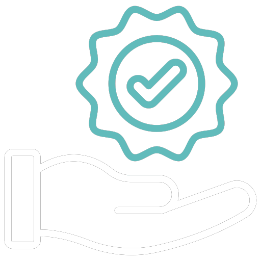 An icon showing an open hand with a badge above it containing a checkmark, symbolizing quality assurance or approval, perfect for services like same day cleaning.