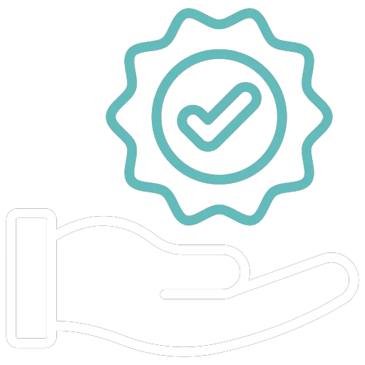 An icon showing an open hand with a badge above it containing a checkmark, symbolizing quality assurance or approval, perfect for services like same day cleaning.