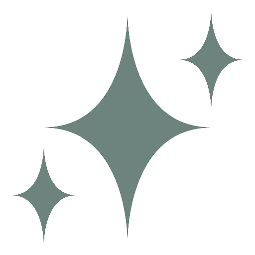 Three stylized star-shaped sparkles of varying sizes, all in a grayish-green color, are set against a transparent background, evoking the sense of a once-off clean.