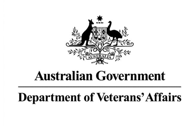 Australian Government Department of Veterans' Affairs logo featuring a kangaroo and emu with a shield.