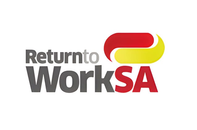 Logo of Return to Work SA with a red and yellow symbol above and the text "Return to Work SA" in gray and red.