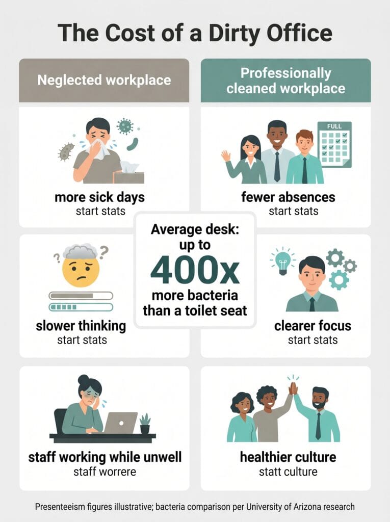 Office cleaning in Adelaide: An infographic titled 'The Cost of a Dirty Office' contrasting a neglected workplace with a professionally cleaned one. It illustrates that a dirty office leads to more sick days, slower thinking, and staff working while unwell, whereas a professionally cleaned workplace results in fewer absences, clearer focus, and a healthier team culture.