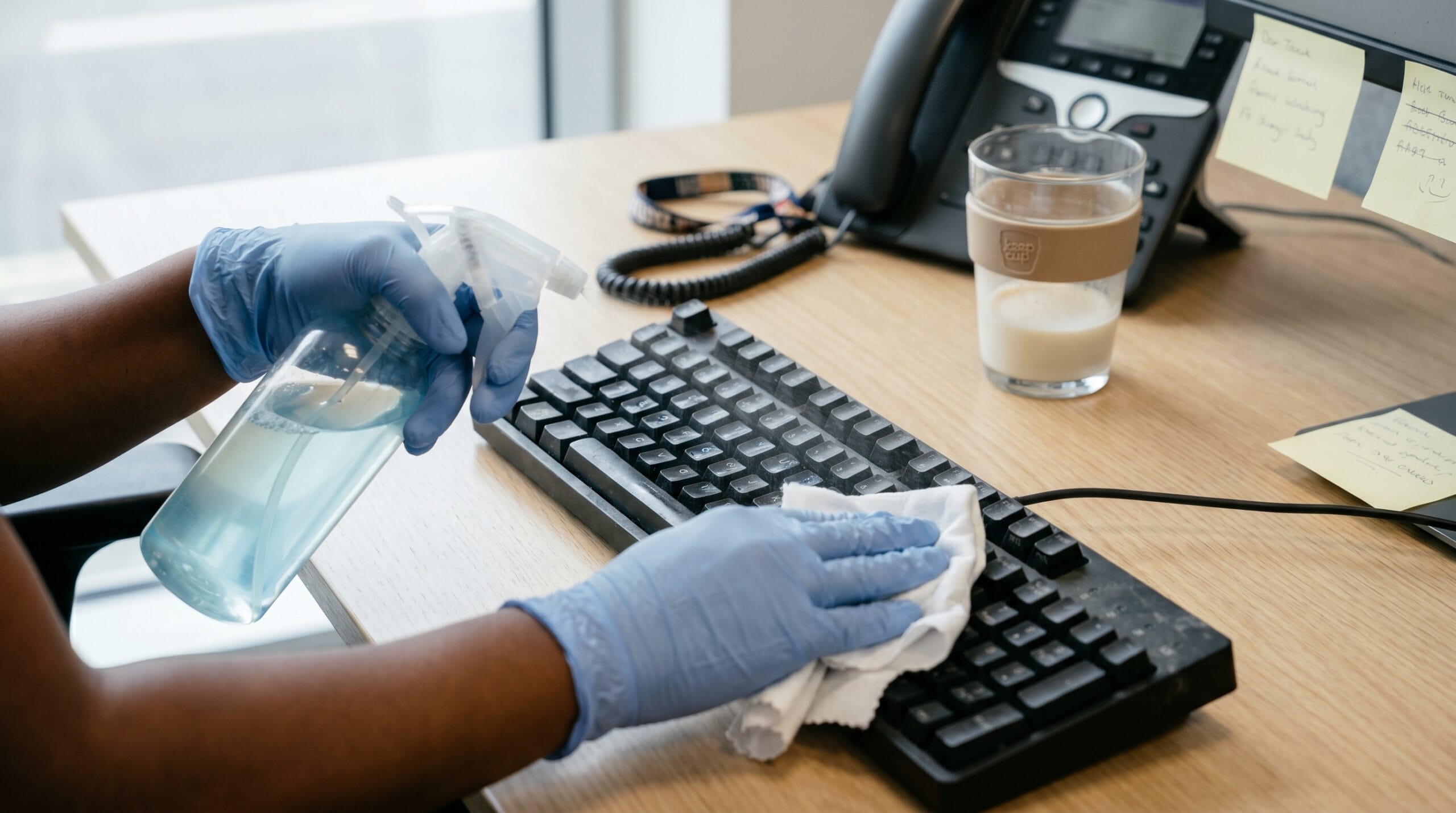 Close-up of a cleaner wearing blue protective gloves spraying sanitiser onto a cloth to wipe a computer keyboard on an office desk.